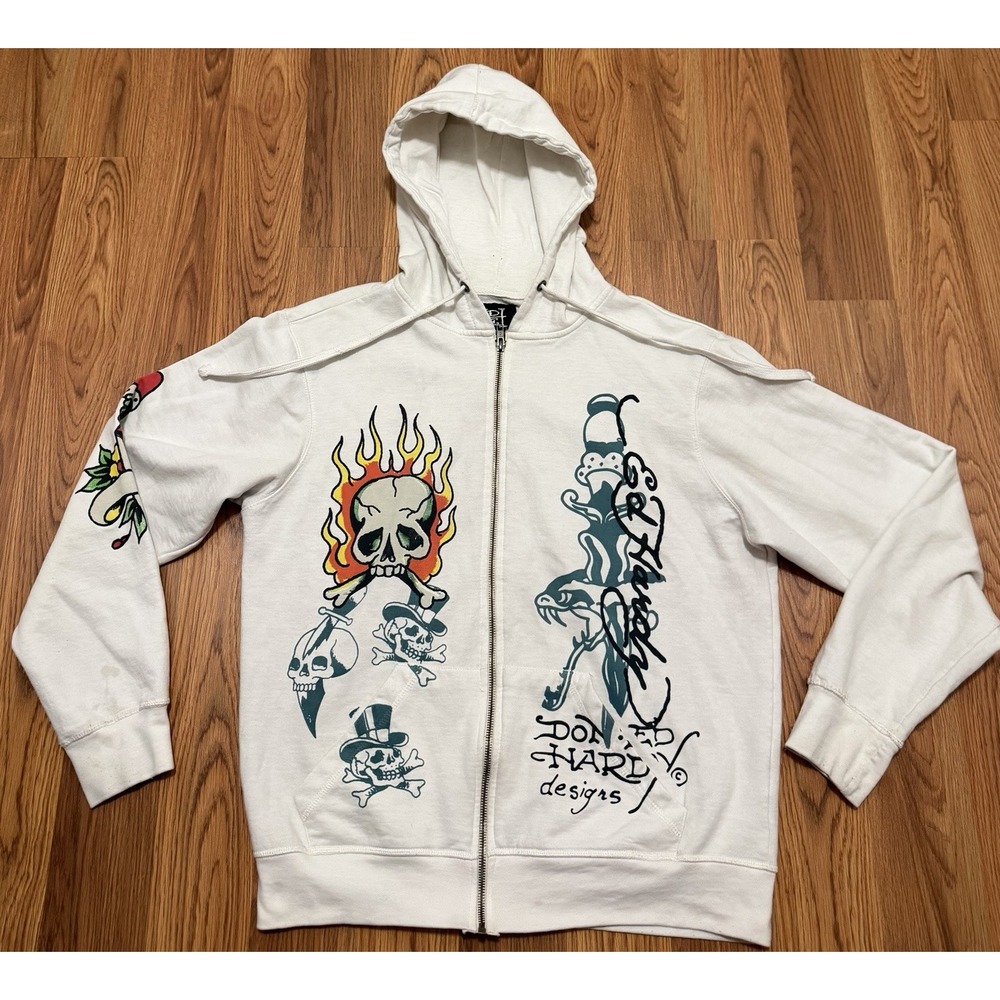 Ed Hardy Hoodie Mens Medium Full Zip Flaming Skull Tattoo Double Sided